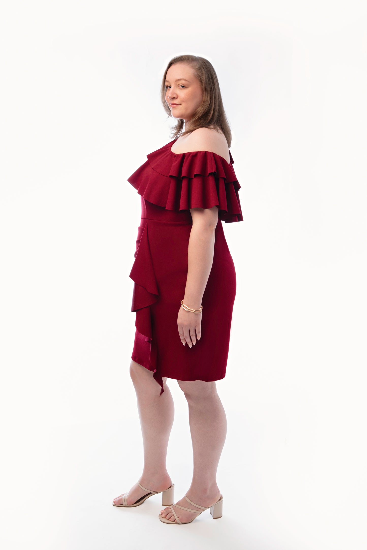 The Miracle-Off shoulder dark cherry pencil dress